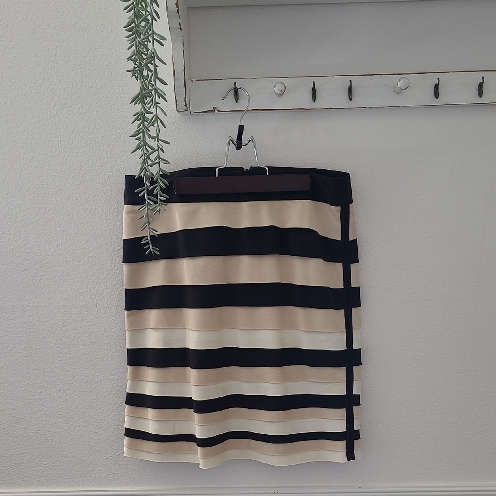 White House Black Market Black and Cream Striped Midi Skirt